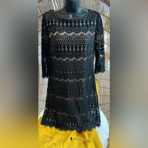 Eliza J lace crochet black lace crochet shift dress size 8 3/4 sleeve cocktail